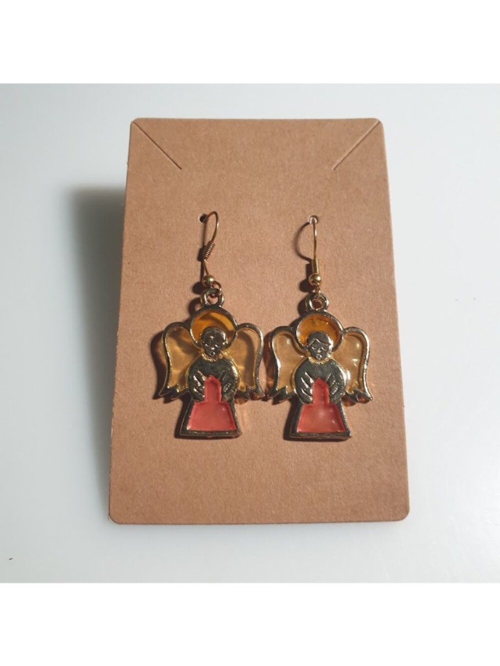 Angel Gold Tone Dangle Earrings Stain Glass Orange Yellow Holiday Novelty Hook